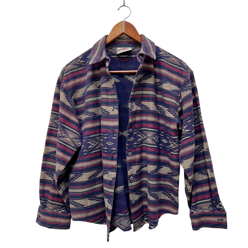 Pine Cove VTG L Southwestern Jacquard Button Down Jacket Navy Geometric 90s